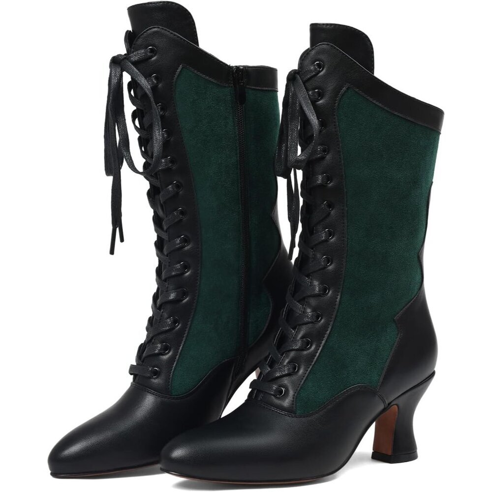 Women Green Victorian Medieval Vintage Mid-Calf Boots -Kitten Heels Side zipper